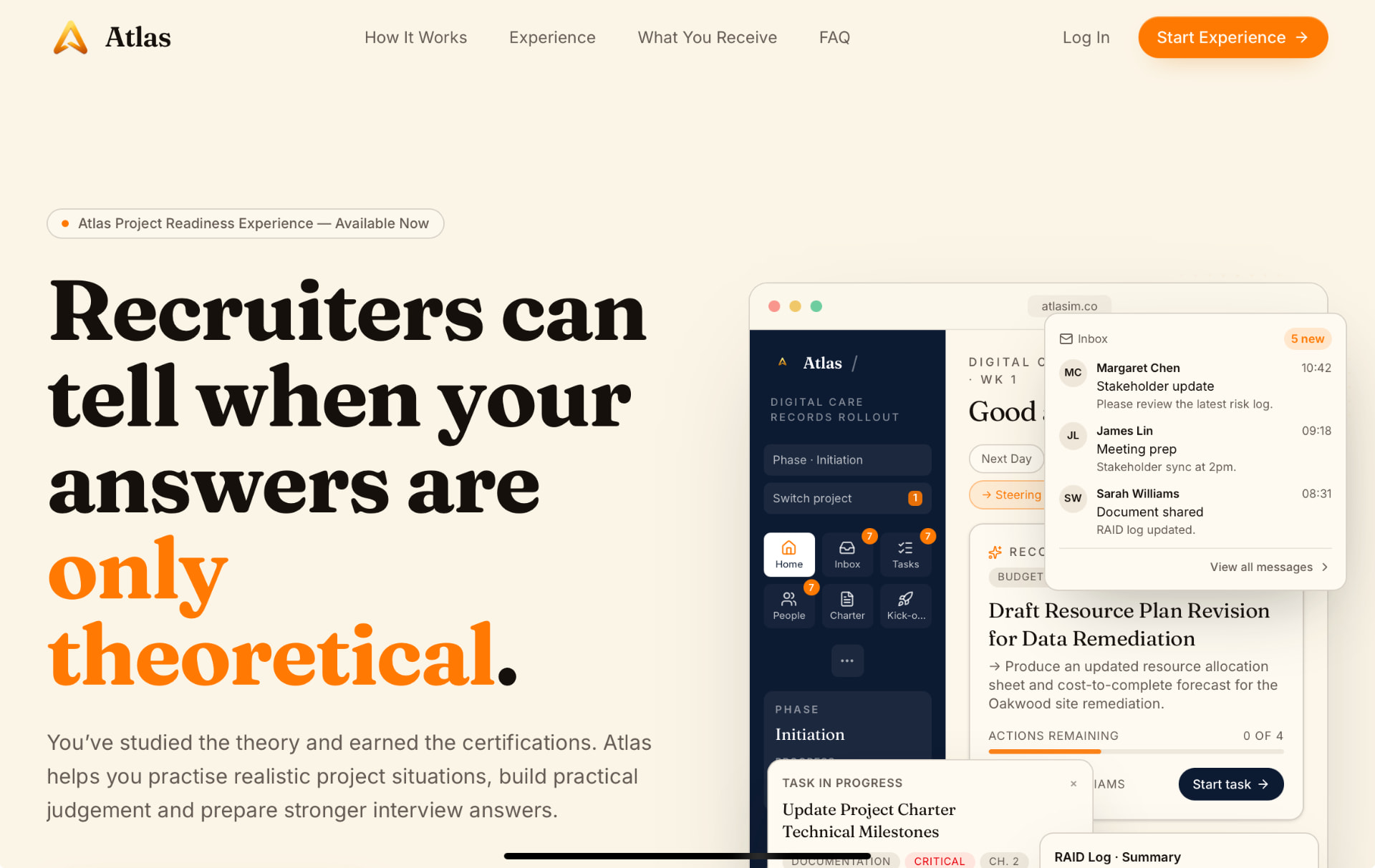 Atlas website showing the headline “Recruiters can tell when your answers are only theoretical” beside a simulated project workspace with an inbox, tasks and a project charter.